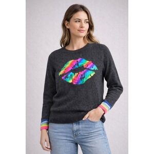 Scott & Scott London 100% Cashmere Rainbow Lip Graphic Sweater Gray Medium